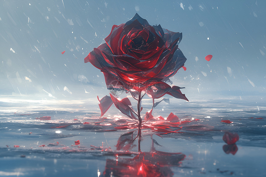 冰雪上的红玫瑰图片