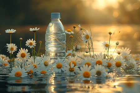 水瓶与漂浮的雏菊背景图片