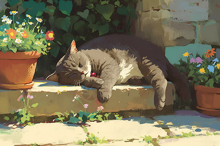阳光花园里的悠闲英短猫背景图片
