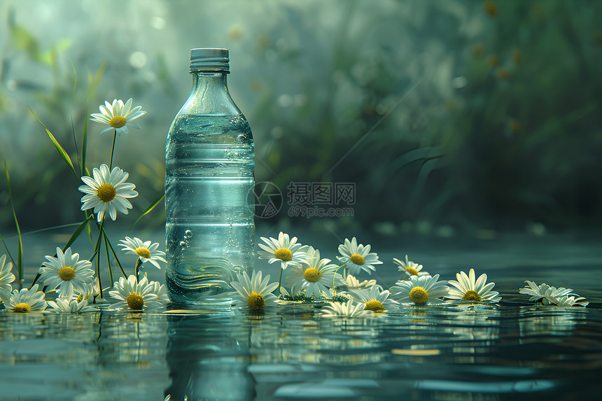 水瓶与漂浮着的雏菊图片