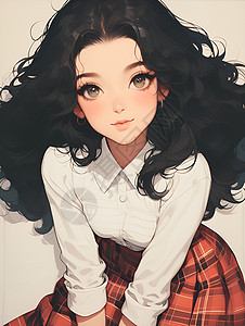 黑白格纹可爱的黑发少女插画