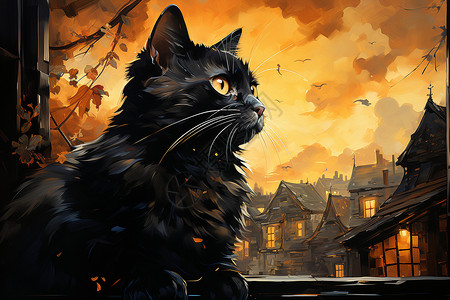 房屋前的黑猫背景图片