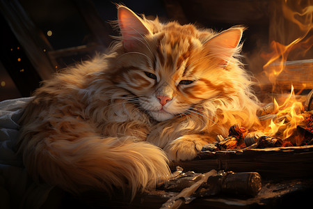 炉火旁的瞌睡猫背景图片