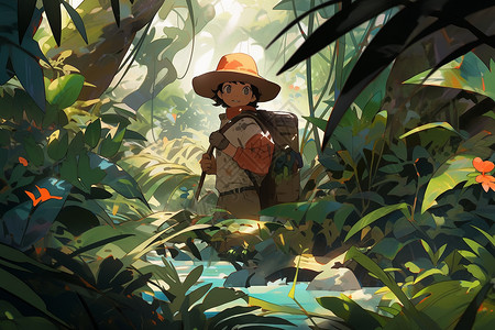翠绿丛林中的探险小孩背景图片