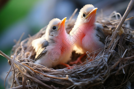 出生两只小鸟在鸟巢里背景