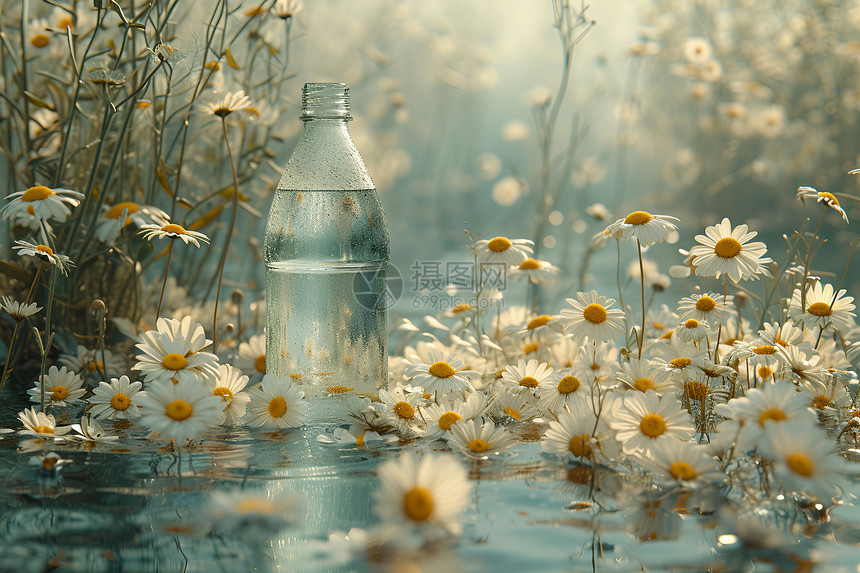 水瓶和周围的小雏菊图片