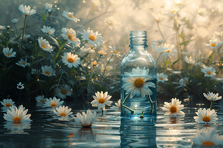 水瓶中漂浮的雏菊背景图片