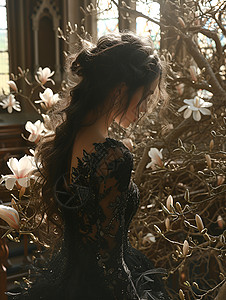 白木兰花旁的女人背景图片