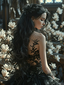 白木兰花旁的美女背景图片