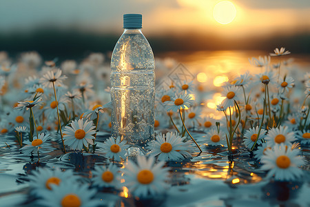 水中漂浮的花与水瓶高清图片
