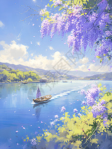 河流上远航的帆船背景图片