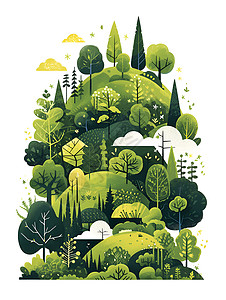 抽象叶子绿色山坡上的森林画卷插画