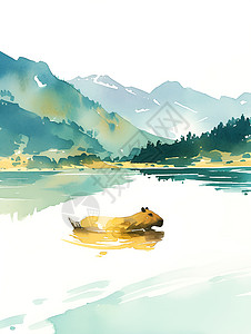 高大树木湖山间湖水中的河豚插画