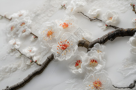 刺绣鲜花白丝绣中的梅花背景