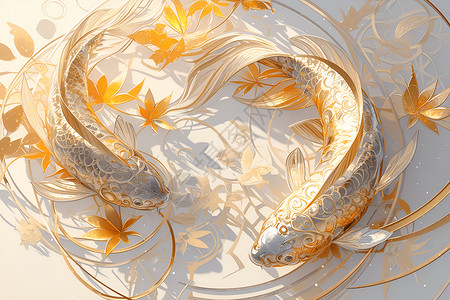 金色剪纸锦鲤精致的金鱼插画