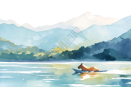 山峦前湖水中的水豚背景图片
