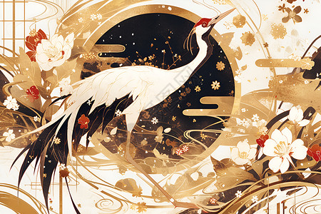 太阳羽毛草丛中的红冠鹤插画