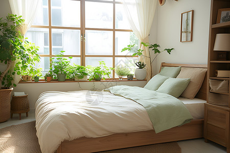 清晨床头绿色极简风一张床植物与窗景的卧室照高清图片