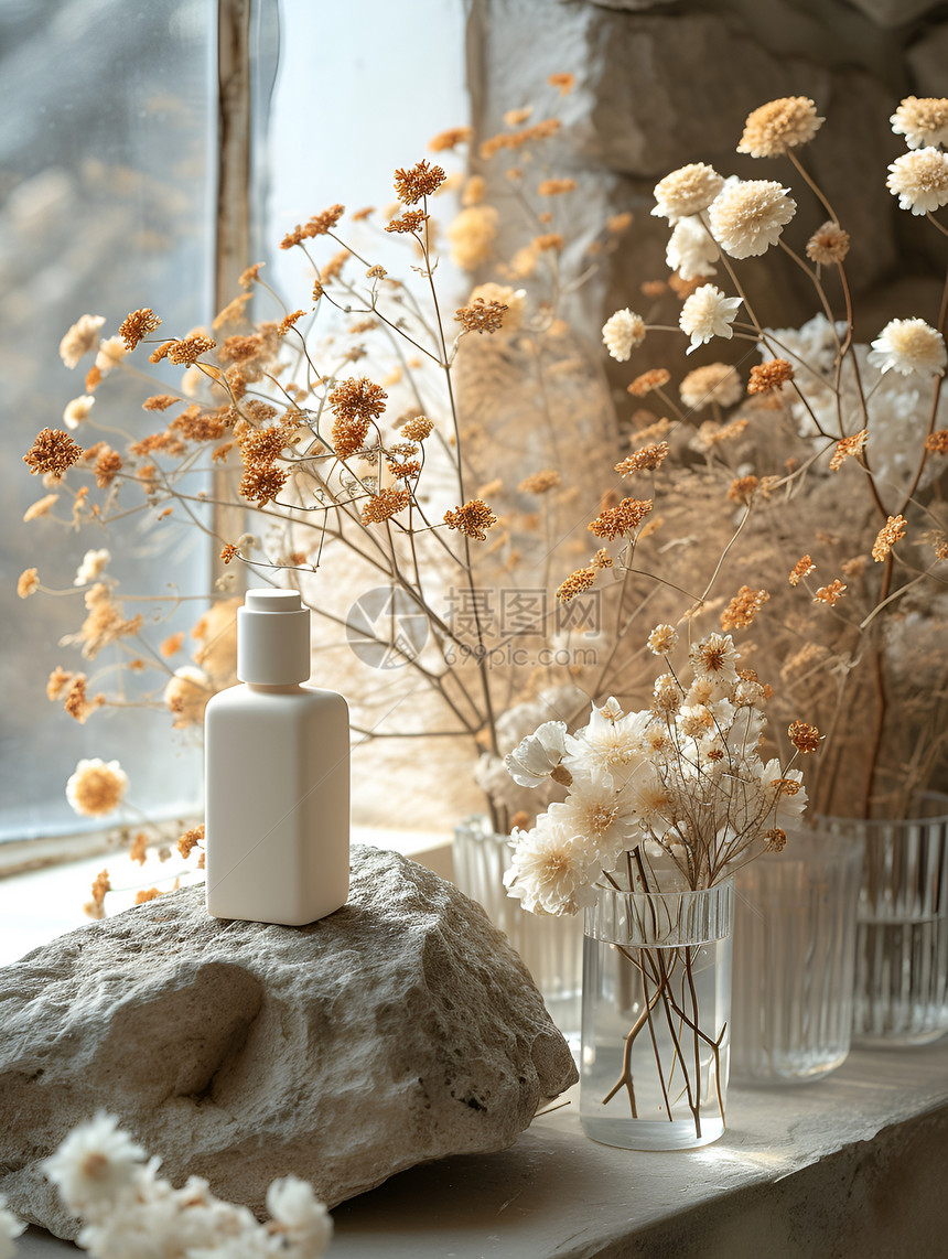 窗台上的岩石花瓶图片