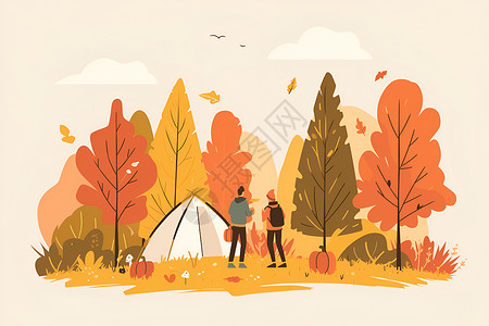 温暖的露营秋日里的露营插画