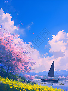 春日孤舟背景图片