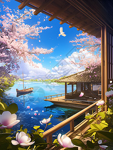 画船湖光山色中的美丽风景插画
