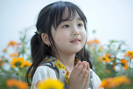 田园中祈祷的小女孩背景