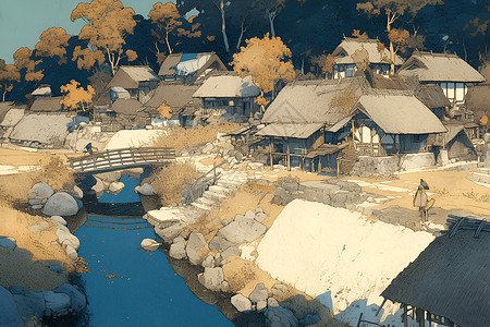 湖畔的建筑村庄背景图片