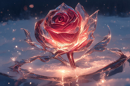 冰冻背景冰雪中的红色玫瑰插画