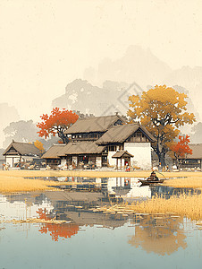 山间的小屋建筑插画背景图片