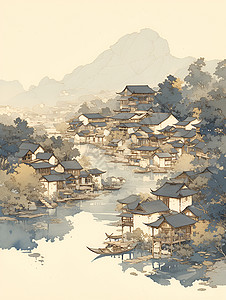 传统古旧的村庄绘画背景图片
