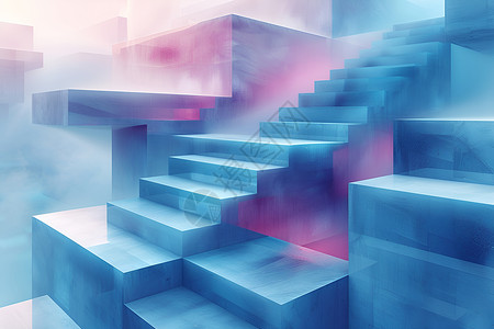 3D彩色蓝色阶梯几何抽象艺术插画