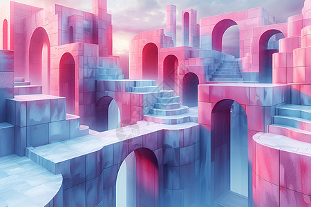3D城堡未来都市中的奇幻景观插画