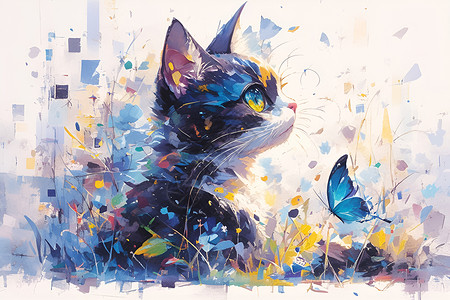 水彩猫与蝴蝶背景图片