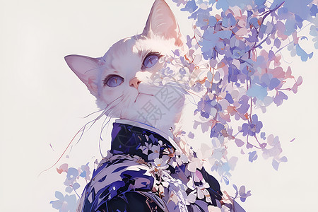 清新小紫花猫咪在紫花树下插画