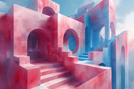 3D楼梯飞越楼梯与蓝天蓝粉纷披的迷幻绘画插画