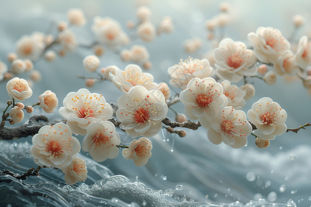 白色水波水波上的白色花朵插画