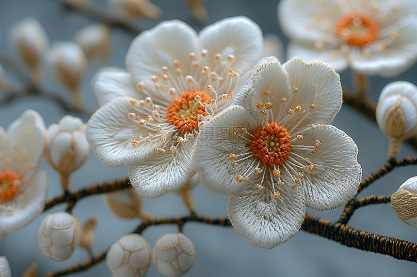 盛开的白色刺绣花朵图片