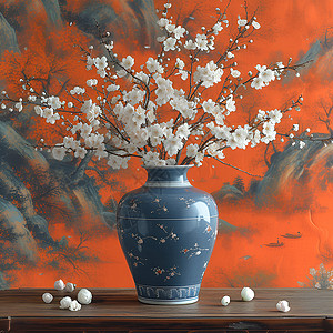 梅花点缀的蓝色花瓶背景图片