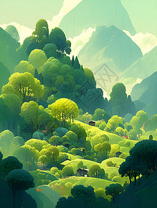 小路树林山脉间的绿色森林插画