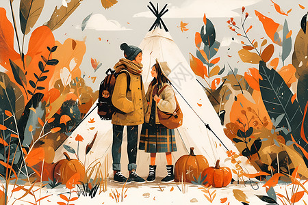 情侣在秋天营地里露营背景图片