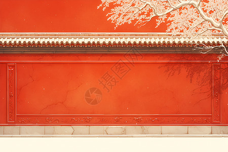 红梅花宫殿红墙上的梅花插画