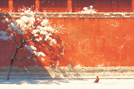 红墙白雪鸟语花香背景图片