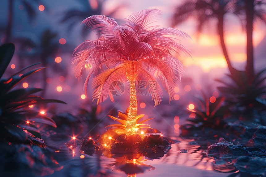 水面倒映的棕榈树图片
