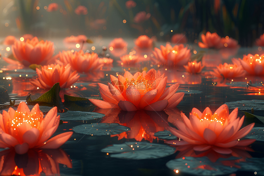 池塘里的发光莲花图片