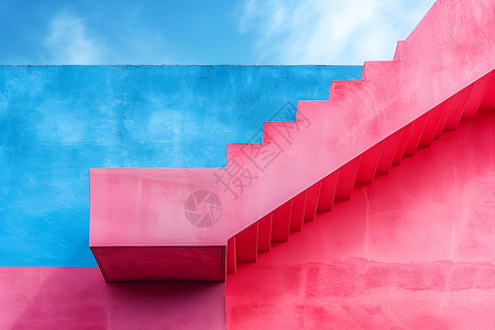粉色阶梯红蓝天梯与云朵插画