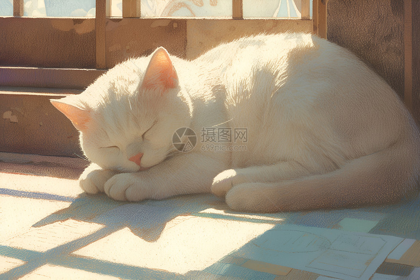 窗台上晒太阳的白猫图片