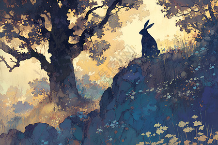 山石上的兔子背景图片