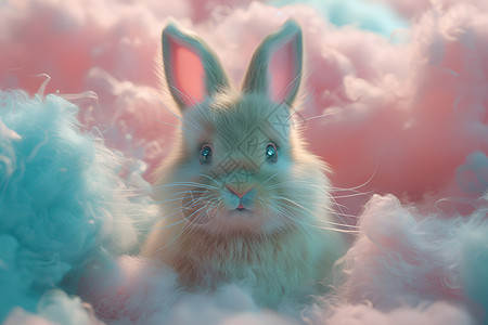 绒花兔在蓝天白云中蹦跳高清图片