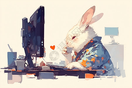 电脑前工作的兔子背景图片